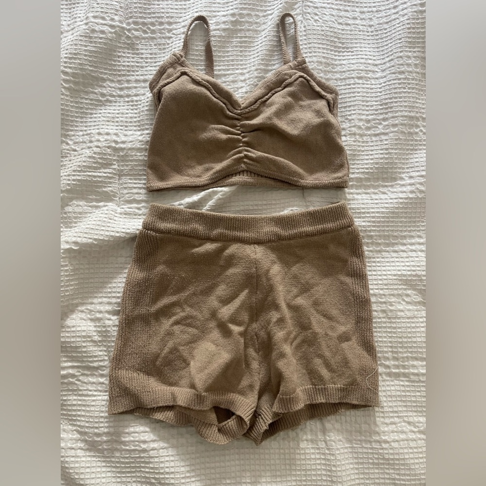 Beige knit bralette crop top and shorts